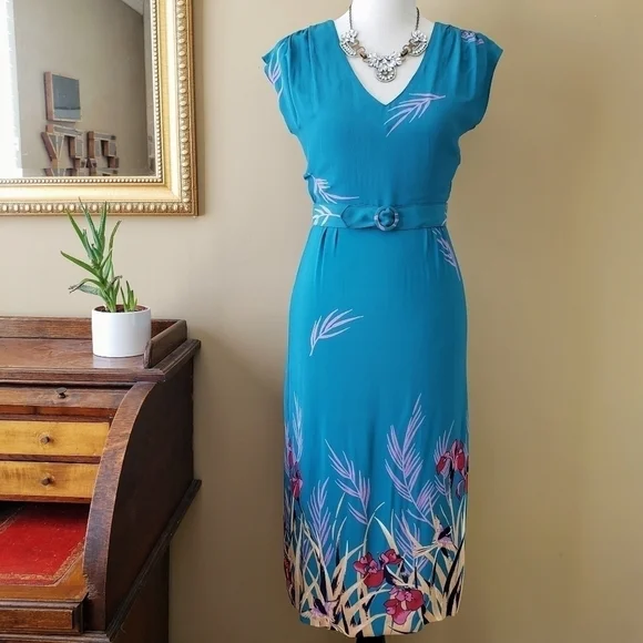Vintage Turquoise Bird Iris Strapy Back Sheath Midi Dress Cap Sleeve Size Small - Picture 5 of 13